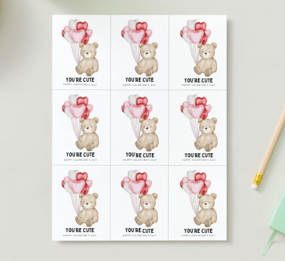 Printable Valentine Exchange Cards - Teddy Bear with Balloons - You are cute