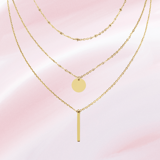 Gold Stacked Necklace Three-Tier Bar and Circle Pendant