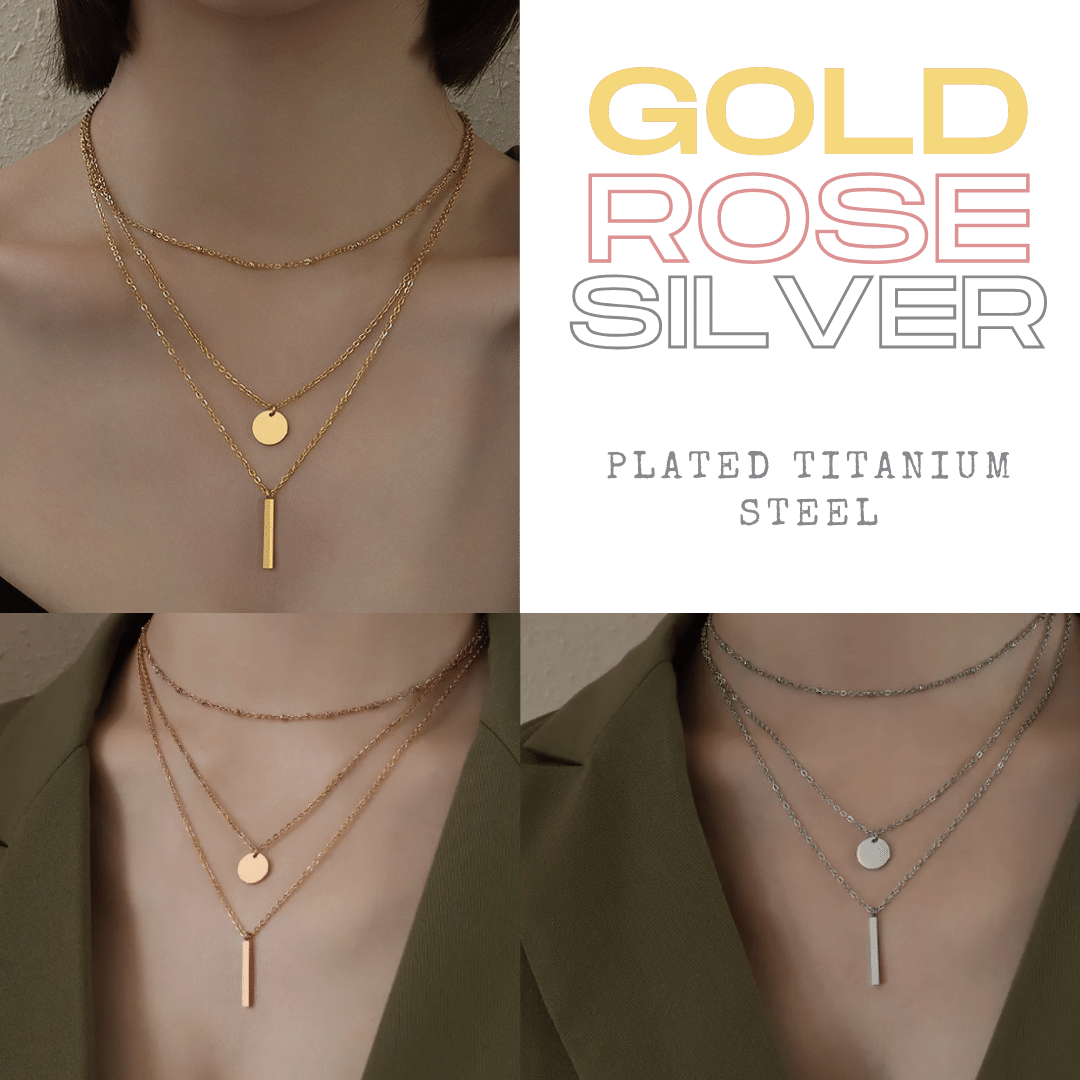 Gold Stacked Necklace Three-Tier Bar and Circle Pendant